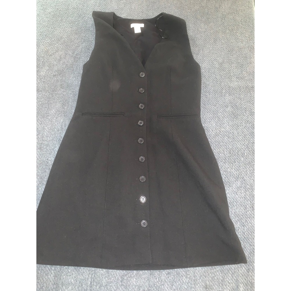 H&M Black Sleeveless Button Front V-Neck Mini Dress Size S Vest Style Tailored